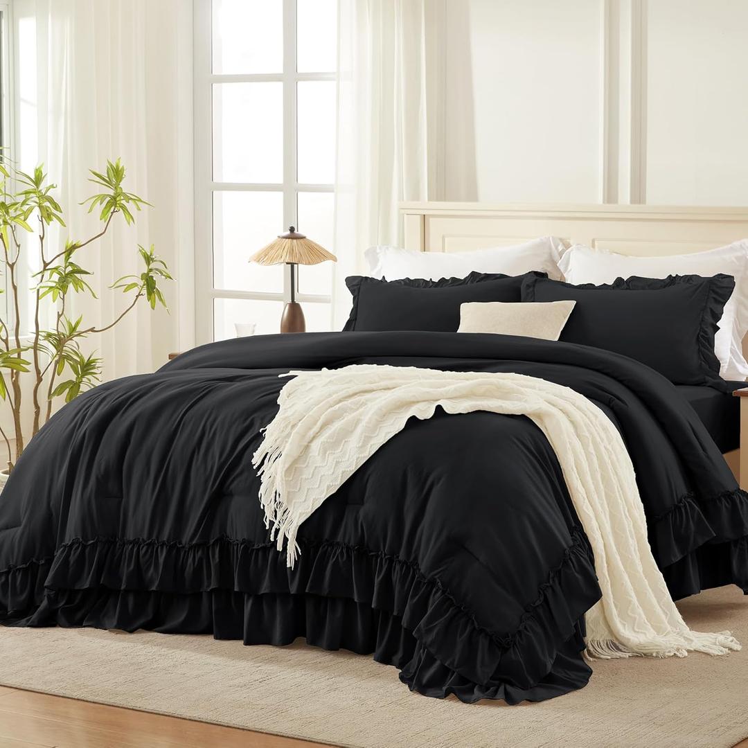 Andency Black King Comforter Set (104x90Inch), 3 Pieces Ruffle Comforter Set with 2 Pillowcases, Farmhouse Shabby Chic Lightweight Fluffy Soft Microfiber All Season Bed Set