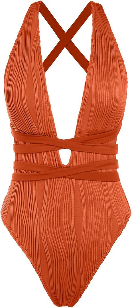 ZAFUL Women's One Piece Swimsuit Deep V Neck Ribbed Self Tie Sexy High Cut Bathing Suit Crisscross Back Swimwear (Medium, Orange)