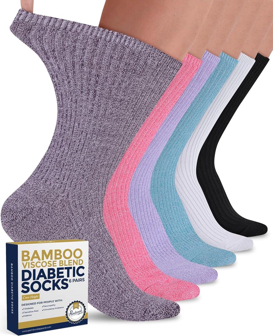 Pembrook Ribbed Knit Bamboo Viscose Diabetic Socks - 6 Pairs Crew Neuropathy Socks for Women | Diabetic Socks for Women (Medium)