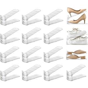 shoe slots organizer, Clear Shoe Stacker, Adjustable Level Shoe Rack,Storage Space Saver for Sneakers Display (Transparent, 16Pack)