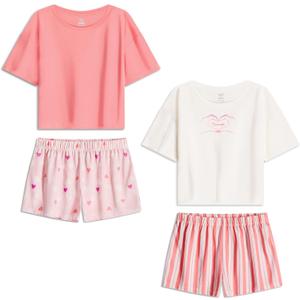 US Angels Girls Pajamas Sets- 4-Piece Cute Short Sleeve & Shorts PJ Set, Pink Girls Sleepwear, Kids Pajamas Sizes 5-16
