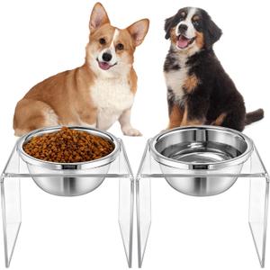 Ziliny 2 Set Acrylic Elevated Dog Bowls Stand 6.3" Tall Pet Acrylic Feeder Come with 2 Removable Stainless Steel Bowls for Large Dogs, Raised Durable Dog Bowl Pet Feeding Station