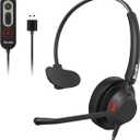 USB Headset with Microphone for PC, Single Ear Wired Headset with Noise Canceling Mic for Work, Lightweight Computer Headset with in-line Control for Call Center, Teams, Zoom, WFH