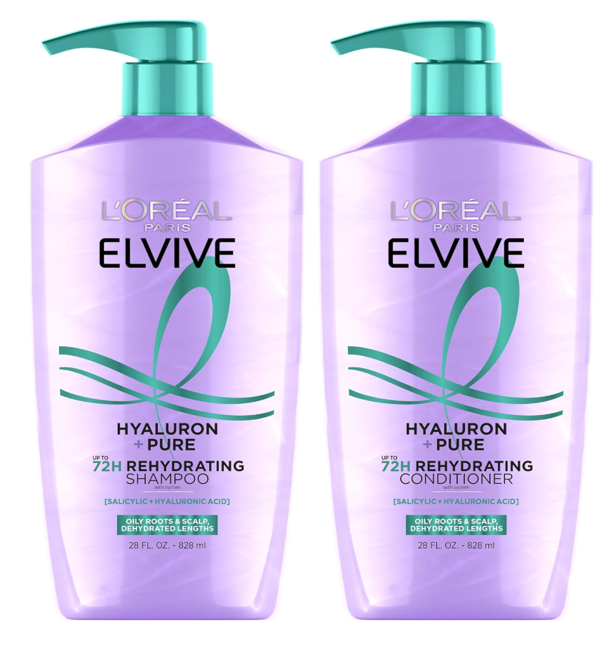 L'Oreal Paris Elvive Hyaluron + Pure Shampoo and Conditioner Set, Clarifying Shampoo and Rehydrating Conditioner with Salicylic Acid and Hyaluronic Acid, 1 Kit