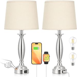 Seealle Beige Lamps for Bedrooms Set of 2 - Touch Control Bedside Lamp with USB C+A, 3 Way Dimmable Nightstand Lamps with USB Port, Table Lamp for Living Room(Beige Shade and Nickel Base)