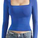 SUUKSESS Women Square Neck Long Sleeve Tops Double Lined Going Out T Shirts (Small, Sapphire)