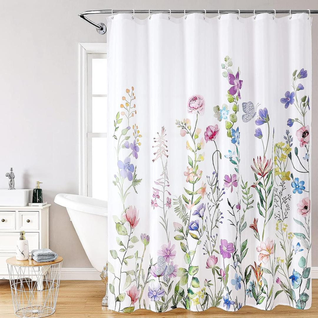 Floral Bathroom Shower Curtain with 12 Hooks, 72''x72'' Waterproof Polyester Fabric Plant Shower Curtain for Bathroom, Heavy Weighted Hem, Machine Washable Quick Dry
