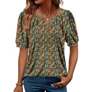 CRAZY GRID Women's Dressy Casual Top Puff Sleeve Summer Shirt Loose Trendy Pleated Blouse, Size Large 