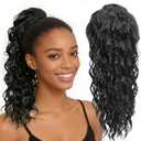 16 Inch Natural Black Water Wave Drawstring Ponytail for Black Women - Synthetic Hairpiece, Curly Wavy Extension, Natural Looking & Secure Hold, Easy to Install for Daily Party Use