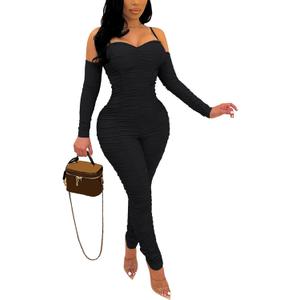 WOKANSE Women's Sexy Ruched One Piece Bodycon Cold Shoulder Long Sleeves Solid Jumpsuits Long Pants Romper (Large, Black)