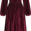 ZAFUL Womens Long Sleeve Velvet Dress 2025 Fall V Neck Holiday Cocktail Party Semi Formal Midi Dresses for Wedding Guest (X-Large, Red)