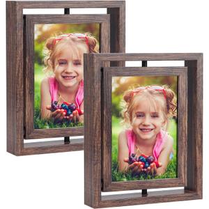EXYGLO 2 Pack 5x7 Picture Frames Rotating Floating Photo Frame Wooden 2 Sided Frames for Vertical or Horizontal Tabletop Display