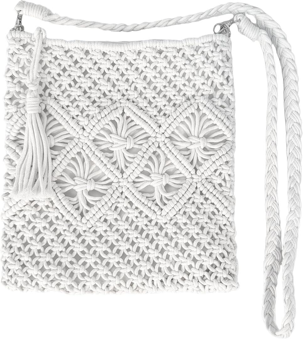 Eiyye Boho Crocheted Purse Summer Beach Crossbody Bag, Boho Shoulder Bag Crochet Handmade Purse with Tassel (Off White-vertical)