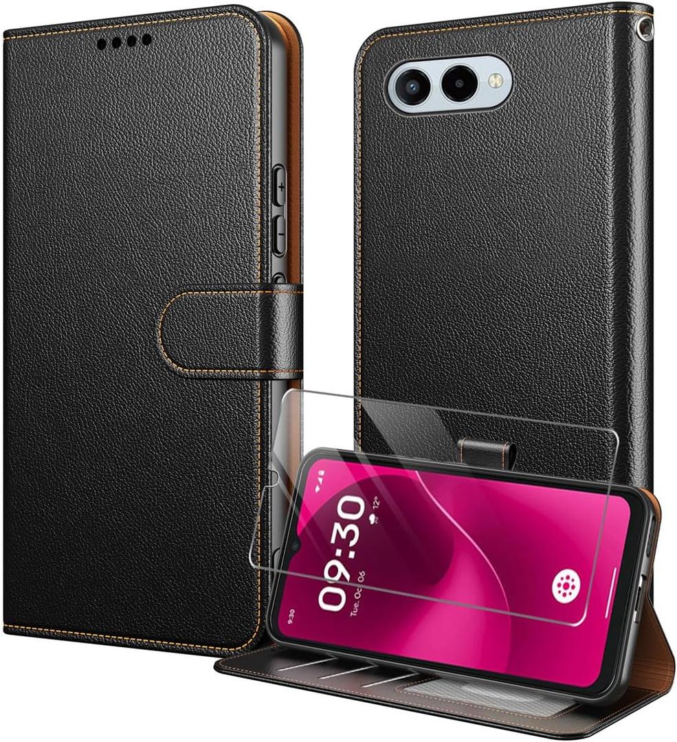 for T-Mobile Revvl 8 TMRV085G Case with Tempered Glass Screen Protector PU Leather Folio Flip [RFID Blocking][Kickstand] [Card Holders] Shockproof TPU Cover Magnetic Wallet - Black
