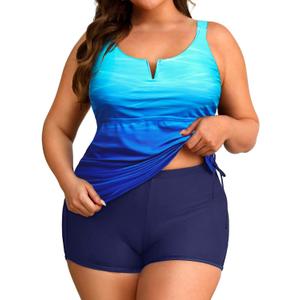 Women's Plus Size Tankini Swimsuit - Two Piece Bathing Suit with Shorts 2025 V-Wired Tummy Control Swimwear Blue Gradient Size 16 Plus