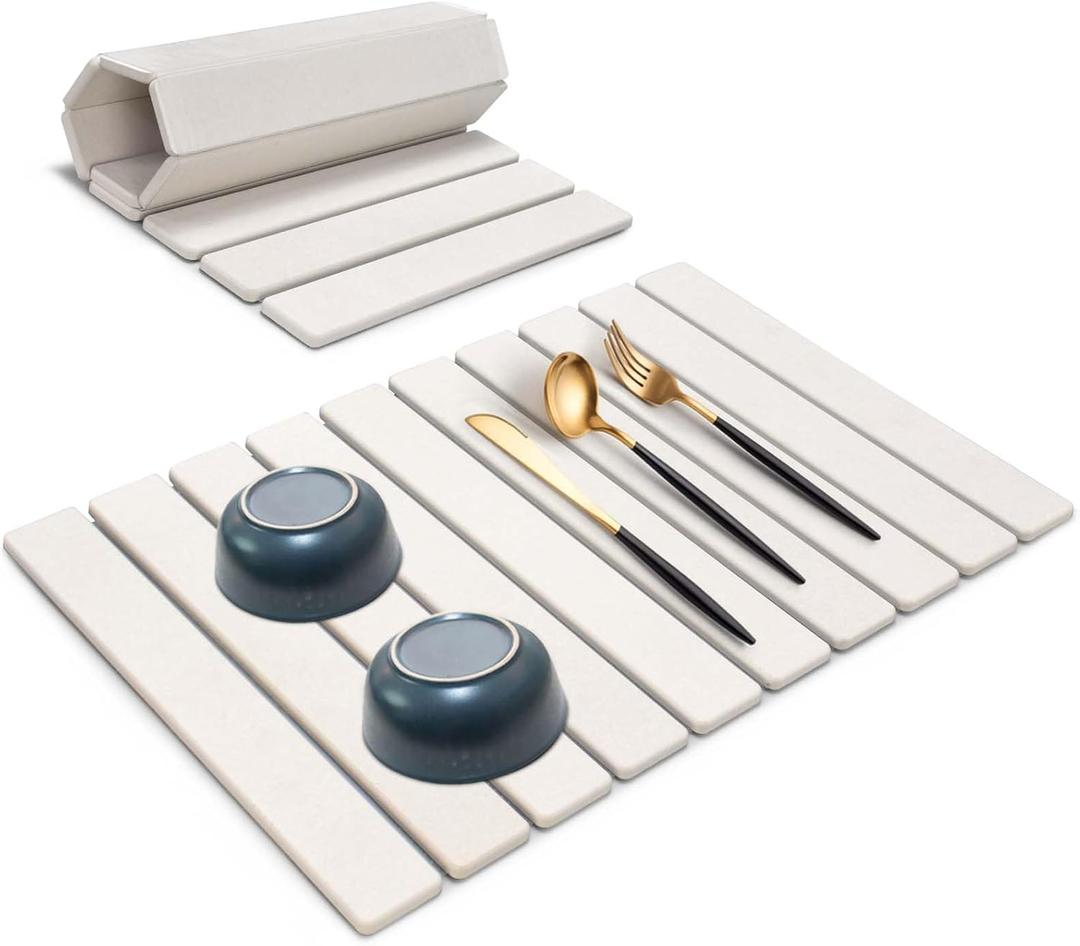 Large Stone Dish Drying Mats for Kitchen Counter, 24"(L)16"(W), Fast Drying Collapsible Dish Drying Mat, Eco-Friendly Absorbent Diatomaceous Earth Mats for Dishes Bottles, Match Any Countertop