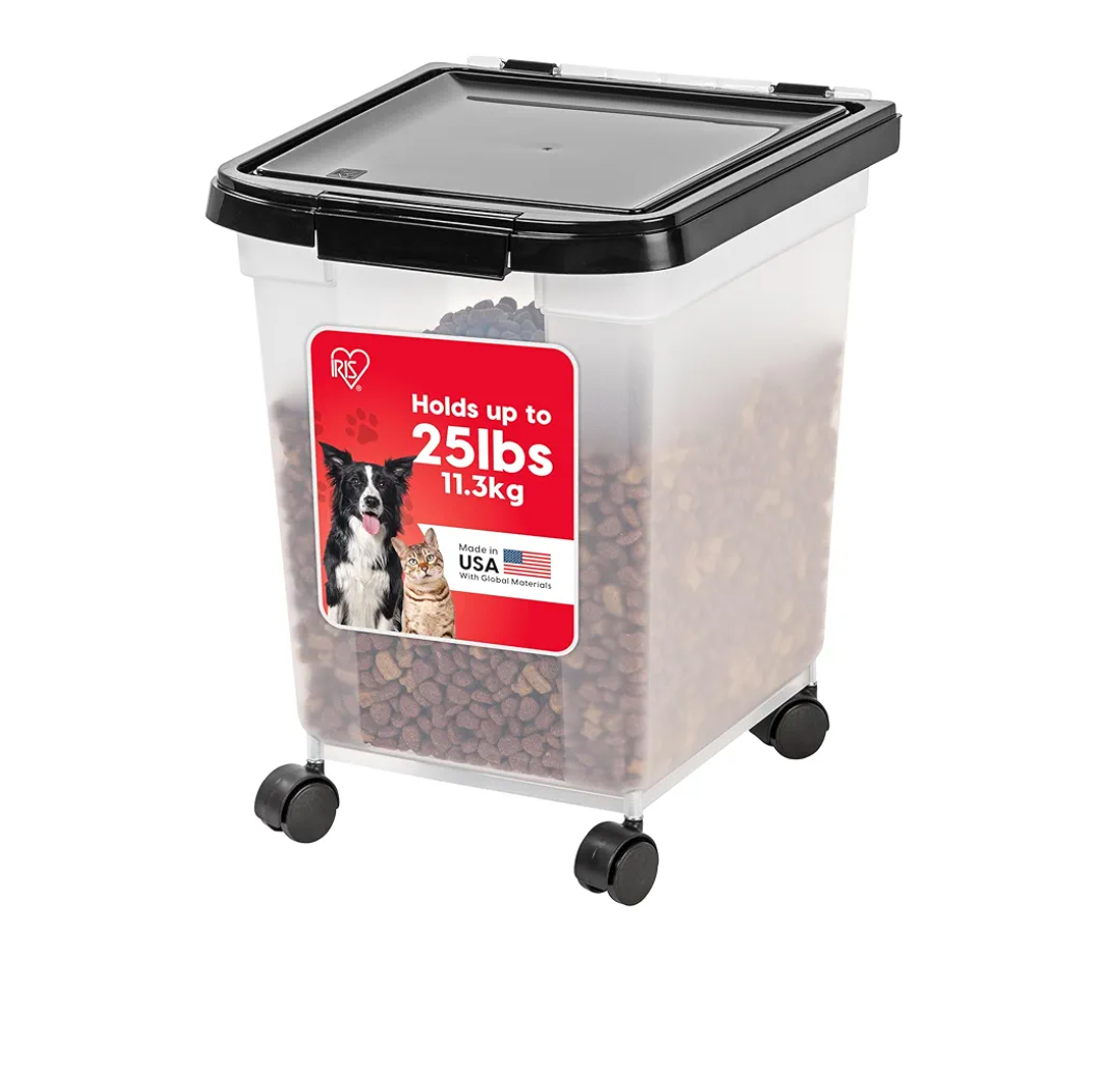 IRIS USA Airtight Dog Food Storage Container, WeatherPro, Up to 25 lbs, Removable Wheels, for Dog Cat Bird and Other Pet Food Storage Bin, Keep Fresh, Translucent Body, Made in USA, Clear/Black