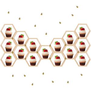 CheeFun 15 Pcs Wooden Honeycomb Cupcake Stand  Hexagon Cupcake Stand honey combs dcor with 30 pcs Tiny Bee Decorations for Bee Themed Baby Shower Birthday Party