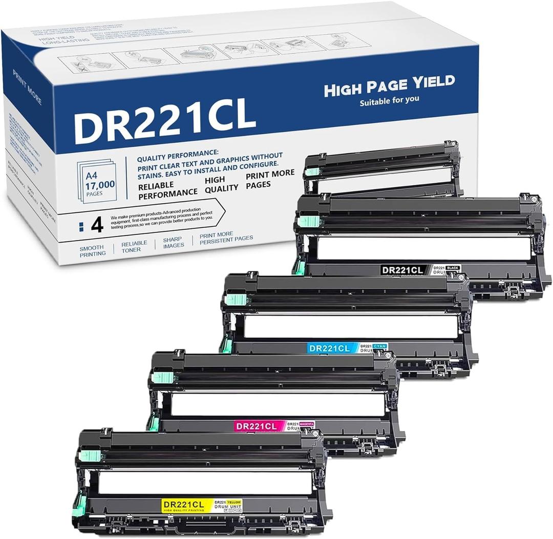 DR221 DR221CL Drum Unit Set 4 Pack Replacement for Brother DR-221CL DR-221CL-BK Drum Unit for HL-3140CW HL-3170CDW HL-3180CDW MFC-9330CDW MFC-9130CW Printer (Only Drum) (Black, Cyan,Magenta, Yellow)