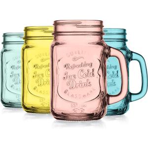 Glaver's Mason Jar Drinking Glasses Set Of 4, 15 oz. Colored Mugs With Embossed Ice-Cold Drinkware Logo, Glass Mason Jar Mug With Handle. For Smoothies, Cocktails, Beverages. Hand Wash Glaver's Mason Jar Drinking Glasses Set Of 4, 15 oz. Colored Mugs With Embossed Ice-Cold Drinkware Logo, Glass Mason Jar Mug With Handle. For Smoothies, Cocktails, Beverages. Hand Wash