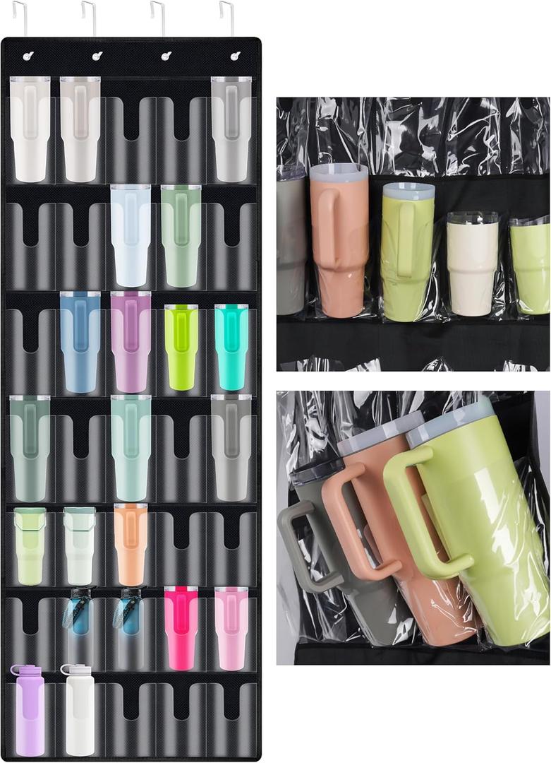 NiHome 35-Pocket Large Capacity Door Cup Organizer for Stanley Tumblers 30oz, 40oz, Door Hanging Water Bottle Storage with Double-Sided Tape Stabilizer, Waterproof Oxford Fabric, Transparent, BPA-Free 75.2'' x 24.4", Black (Upgraded)