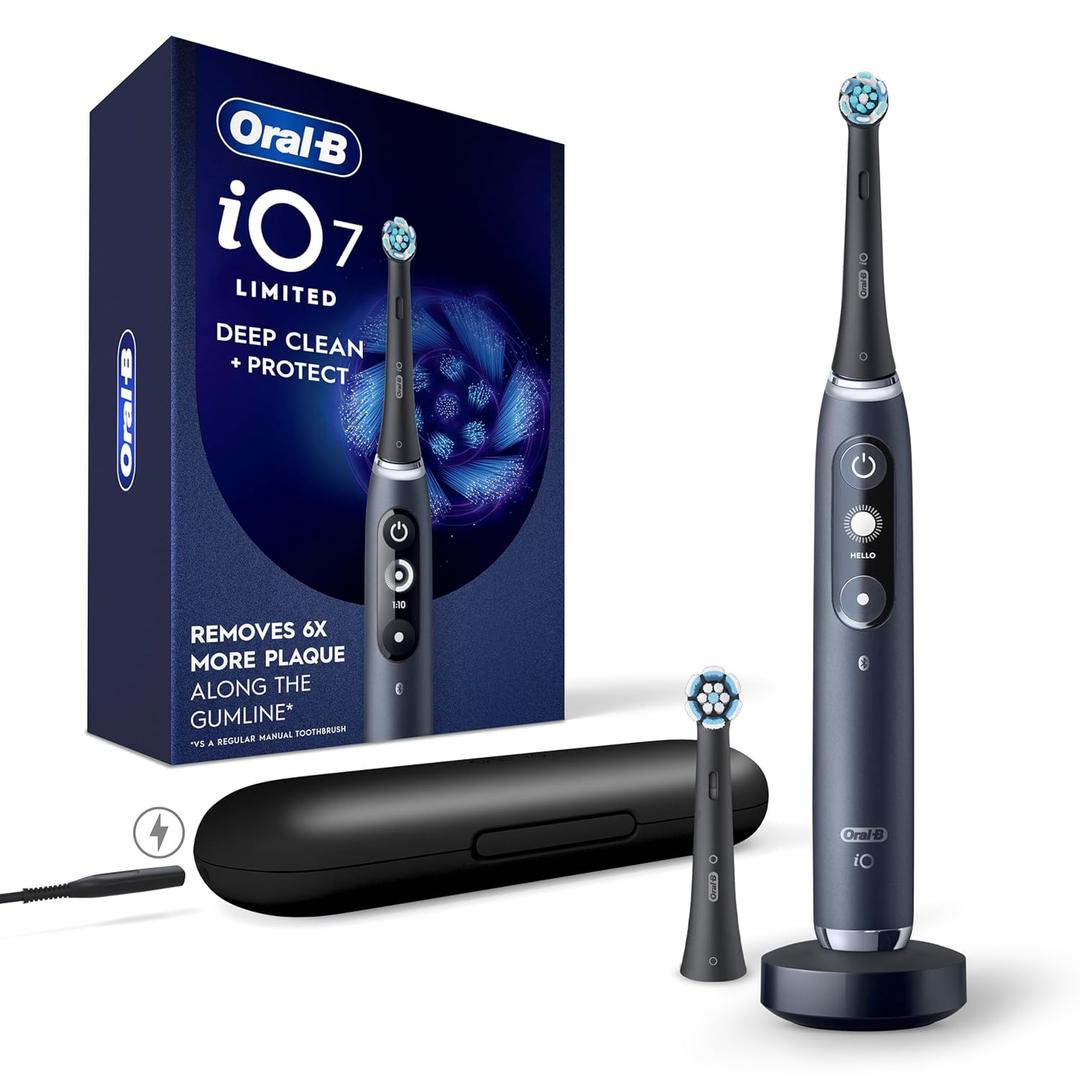 Oral-B iO Deep Clean + Protect Rechargeable Electric Toothbrush, Black, iO Series 7, 2 Replacement Brush Heads, Charging Travel Case