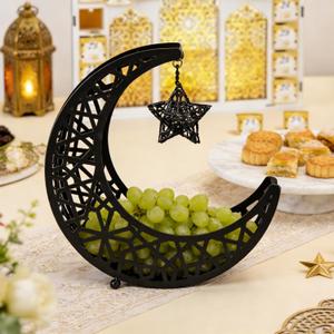 Ramadan Decoration Ramadan Trays, Metal Eid Mubarak Plates Moon Star Serving Trays Food Storage Containers Dinner Plate Dessert Platters Crescent Display Tray Holder for Eid Party Favor (Black)