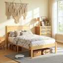Askeld 12 inch Bamboo Twin Bed Frame with Headboard, Light Cottagecore Solid Wood Platform Bed No Box Spring Needed, Easy Assembly, Noise Free