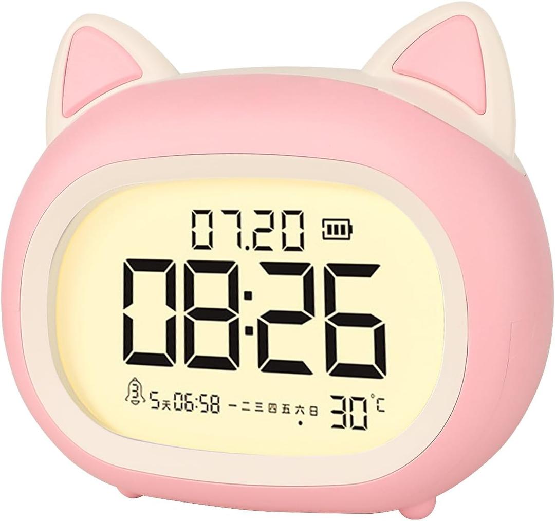 Digital Alarm Clock for Girls, Alarm Clock with Night Light for Bedroom, Cat Clock with Sleep Training, OK-to-Wake, Routine Builder, 5 Alarm Settings with Snooze, Date & Day, Temperature (Pink)