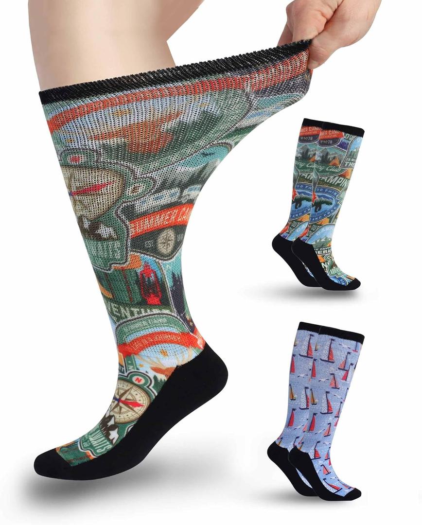 Diabetic Socks for Women & Men Extra Wide, Over The Calf Non Binding Lymphedema Neuropathy Swollen Feet for Women Men (E-adventure & Sailboat-2pairs), XL