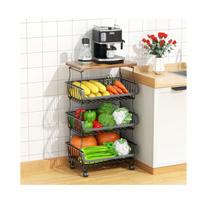 Fruit Vegetable Basket for Kitchen, 4 Tier Stackable Fruit Vegetable Storage Baskets with Wheels, Metal Wire Storage Basket Organizer Baskets for Kitchen, Pantry, Bathroom