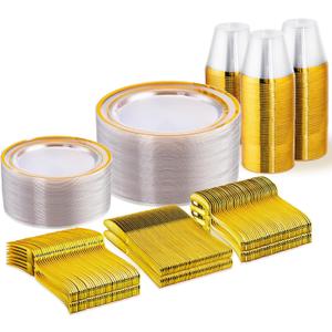 WELLIFE 300 PCS Clear Gold Dinnerware Set for 50 Guests, Clear and Gold Plastic Plates for Party, 50 Dinner Plates, 50 Salad Plates, 50 Cups Forks Knives Spoons for Wedding and Party Supplies
