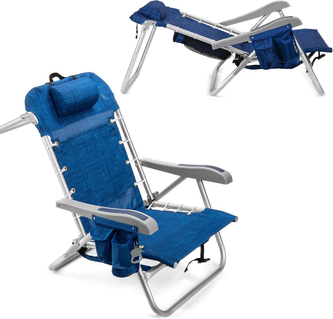 Homevative Backpack Fold-Up Beach Chair, 5 Positions, Towel bar, Cooler, Storage Pouch, Cup Holder and Phone Pocket (Blue)