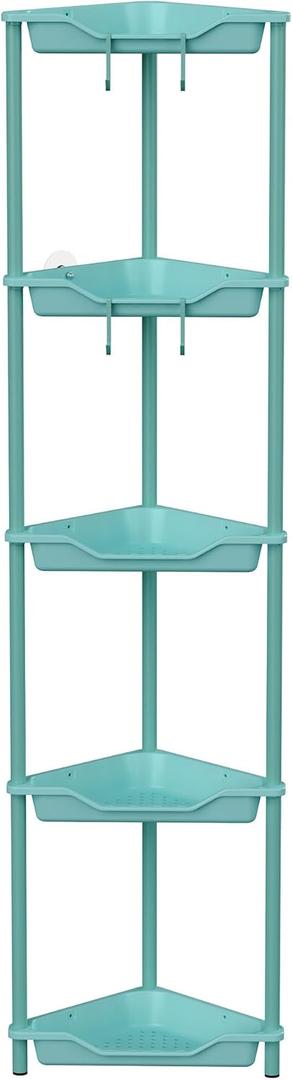 Orimade Rustproof 5 Tier Floor Standing Corner Shower Caddy Organizer, Plastic Metal Splicing Floor Corner Shelf Rack Stands for Bathroom, Blue