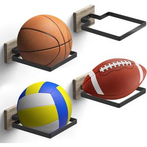 Basketball Holder Wall Mount with Wooden Base, MYKASEN Ball Storage Holder Display Rack for Basketball Soccer Volleyball, Boys Sports Accessories Organizer for Player Fans Room Decor
