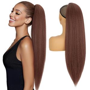 Hairro Drawstring Ponytail Hair Extensions For Women Synthetic Kinky Yaki Pony Tail Hairpieces 24 Inch 150g #33 Dark Auburn