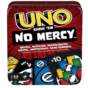 Mattel Games UNO Show ‘em No Mercy Card Game in Storage & Travel Tin for Kids, Adults & Family Night with Extra Cards, Special Rules & Tougher Penalties ( Exclusive)