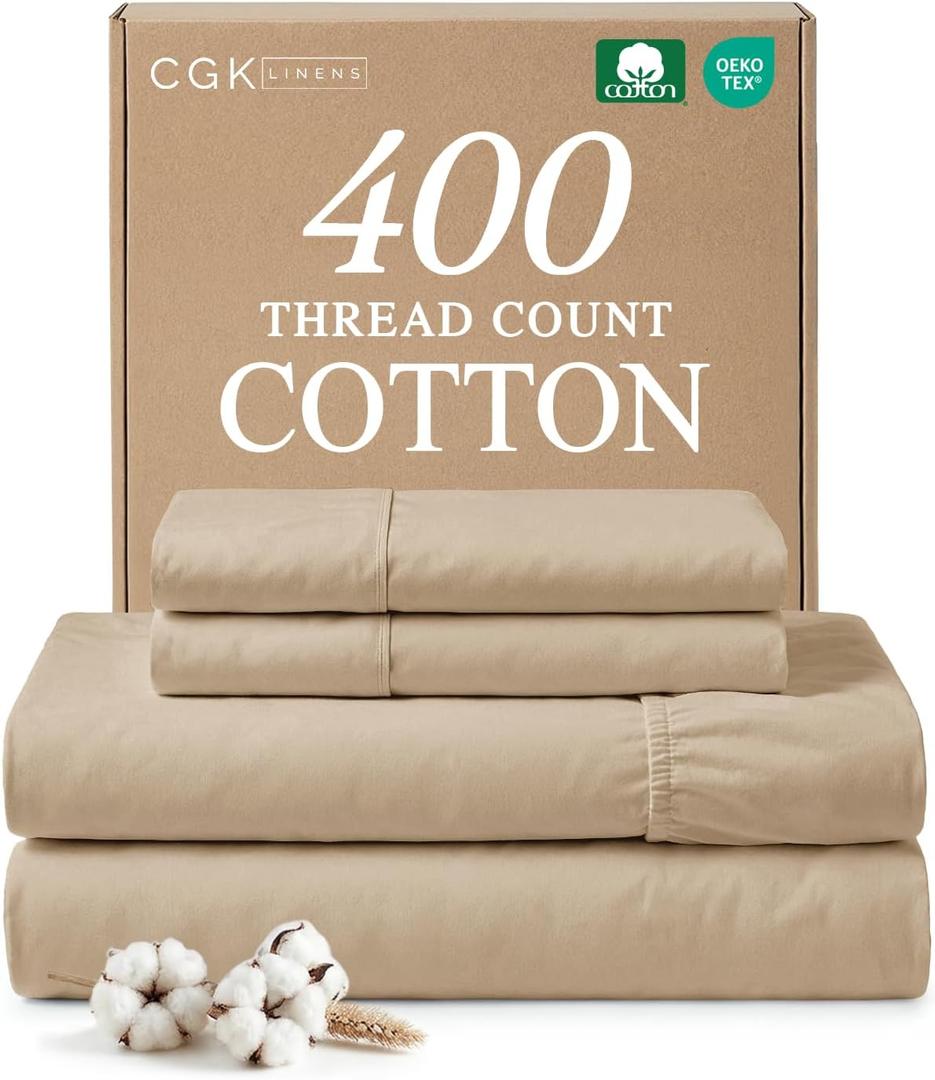 Queen Sheet Set - 100% Cotton Sheets - 4 Piece Queen Size Cotton Bed Set with Deep Pockets up to 16 Inches - Ultra Soft, Breathable & Cooling - Comfy, Fade & Stain Resistant - Machine Washable - Cream