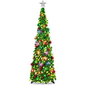 N&T NIETING Pop Up Christmas Tree with Lights & 30 Balls, 5Ft Collapsible Green Tinsel Christmas Tree Decoration for Holiday Xmas Home Office Decor