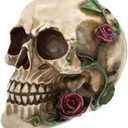 READAEER Human Skull with Rose Resin Statue Small Size Head Sculptures Skull Collectible Figurines