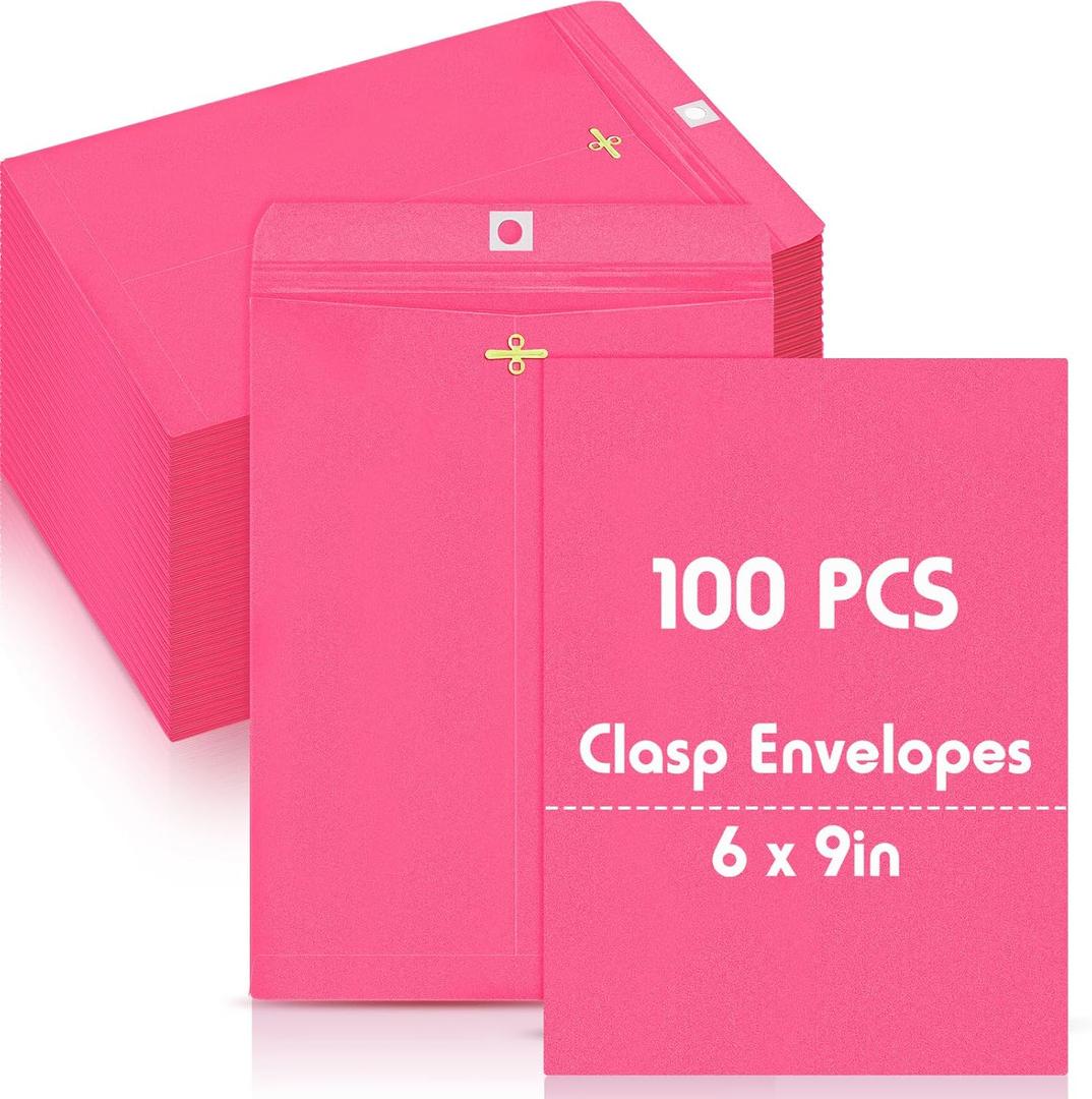 Geyee 100 Pcs Clasp Manilla Envelopes 6 x 9 Inch Gummed Colored Envelopes for Storing or Mailing for Home Office Business Supplies(Rose Pink)
