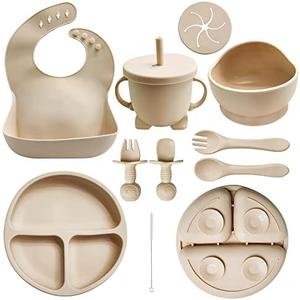 HippoBaby Baby Led Weaning Supplies | 10 Piece Silicone Baby Feeding Set | Baby Toddler Bib Cup Divided Plate and Bowl Self Feeding Spoons Dish Set | Baby Utensils | Toddler Feeding Supplies (Cream)