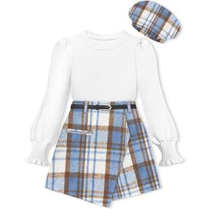AGAPENG Girl Skirt Sets Smocked Cuffed Fall Outfits Puff Sleeve Tops Plaid Skirt Shorts Adjustable Belt Winter Clothes (7-8 Years, White and Blue Plaid)