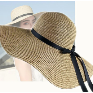 Women's Straw Hat Summer Beach Sun Hat Floppy & Foldable with Large Wide Brim & Bowknot Ribbon UPF50 (Large, 1 Pack Beige)