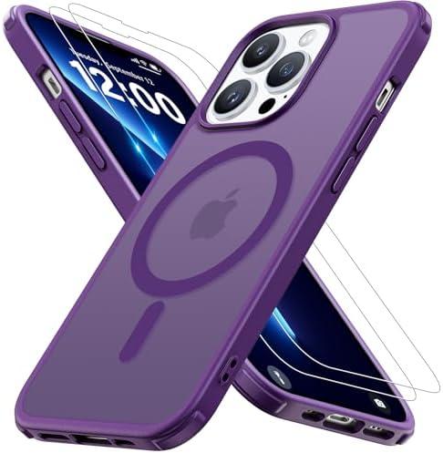Iokmax Magnetic for iPhone 13 Pro Case [Compatible with MagSafe]with 2X Screen Protector, Military-Grade Slim Shockproof Phone Cover Translucent Matte Anti-Fingerprint for iPhone 13 Pro 6.1'', Purple 2Pack