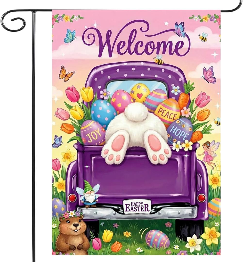 BANANABROTHER Easter Garden Flag - Gift Ready Packed - Easter Decorations Outdoor, Spring Decor Premium Linen Yard Flags for Outside, Purple Truck with Bunny Tail & Eggs 12x18 Inch Double Sided