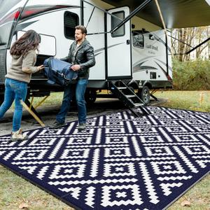 GENIMO Outdoor Rug for Patio Clearance, 10'x14' Waterproof Large Camping Mat, Reversible Plastic Straw Rugs for RV, Camper, Balcony, Backyard, Picnic, Deck (Navy Blue & White)