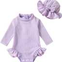 YOUNGER TREE Infant Baby Girls Swimsuit Long Sleeve Swimsuits One Piece Swimsuit Solid Color Bathing Suit with Hat, UPF 50+ (3-6 Months, Light Purple)