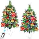 MARTINE MALL Set of 2 Outdoor Christmas Tree with Lights, 30in Christmas Urn Filler Christmas Planter Filler Outdoor Holiday Planter Bushes with Poinsettia Cardinal Birds for Front Porch Pathway