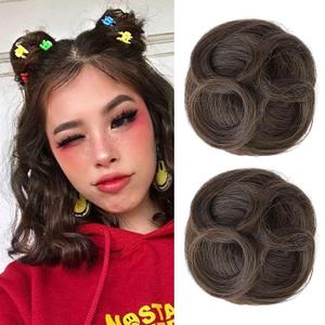 REECHO Space Bun Hair Pieces, 2 PCS Mini Claw Clip in Messy & Cat Ears Fake Hair Bun Extensions HB001 Wig Accessory Updo Hairpieces for Women (Pack of 2-3.5" Wavy, Medium Ash Brown)